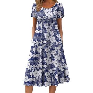 Zeagoo Womens Casual Dresses for Summer Short Sleeve Flare Midi Dress Loose Flowy Beach Sundress (Large, Deep Blue Flower)