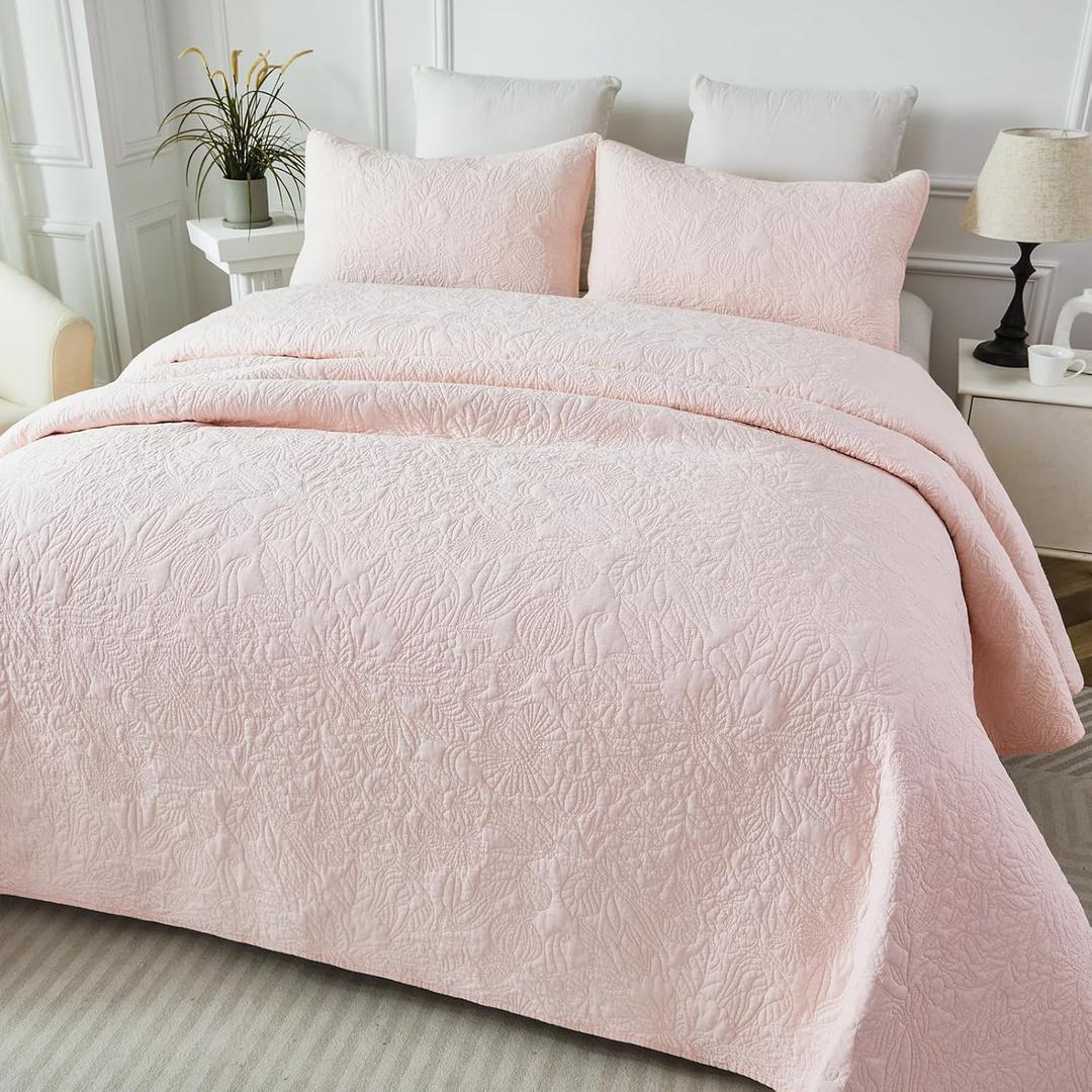 Brandream Queen Size Quilt Set Cotton Light Pink Floral Quilts Botanical Themed Matelasse Coverlet Set 3-Piece