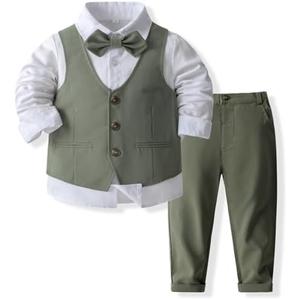 IDOPIP Toddler Kids Baby Boys Formal Suit Gentleman Outfit Long Sleeve Shirt with Bowtie + Vest + Pants Overalls Clothes 2-3Y