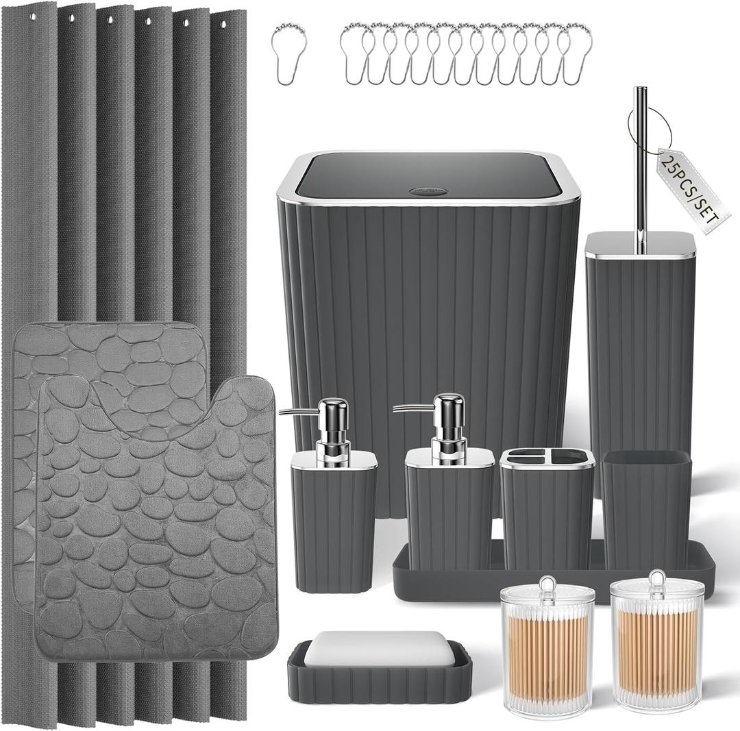 Bathroom Accessories Set- 25PC Grey Bathroom Set, Bathroom Set with Shower Curtain and Rugs, Shower Curtain Set, Toilet Brush, Trash Can, Qtip Holder Dispenser & Soap Dispenser