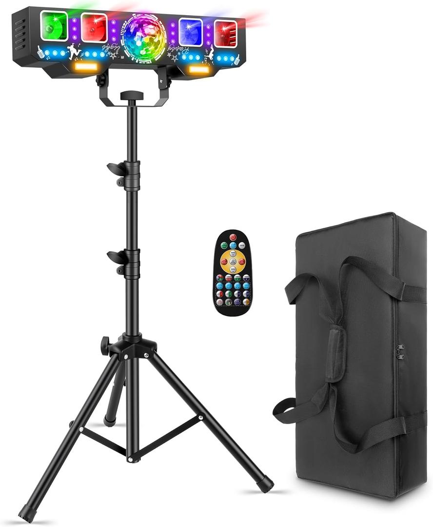 Telbum DJ Lights with Stand, 7 in 1 DJ Light for Party, DMX & Sound Activated Laser Light Show, Disco Ball & UV Strobe Effect Stage Lights Package for Gig Bar Band Events Wedding Christmas