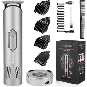 PRITECH Beard Trimmer for Men - Rechargeable Men's Electric Trimmer & Razor, Cordless Body Groomer for Face, Neck, Groin & Manscaping, Includes Standing Charging Dock, Ideal Gift for Men, Gray