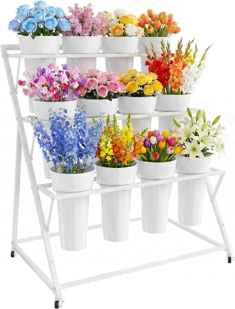 Putros Flower Bar Stand with 12 Buckets, Flower Cart with Wheels, White | Metal 3 Layers Flower Display Stand, Moving Florist Bouquet Shelf for Indoor Outdoor Patio Garden Party Decor
