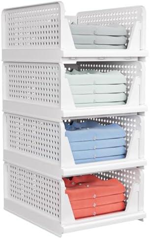 4 Pack Stackable Closet Storage Basket - Stackable Storage Bins, Multifunctional & Foldable Closet Organizer Divided, Wardrobe Cupboard Space-Saving Clothes Storage Hat Organizer, White