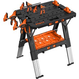 Pony Portable Folding Work Table, 2-in-1 as Sawhorse & Workbench, 31 W25 D25-35H, Large Load Capacity with 4pcs Clamps, 4pcs Bench Dogs