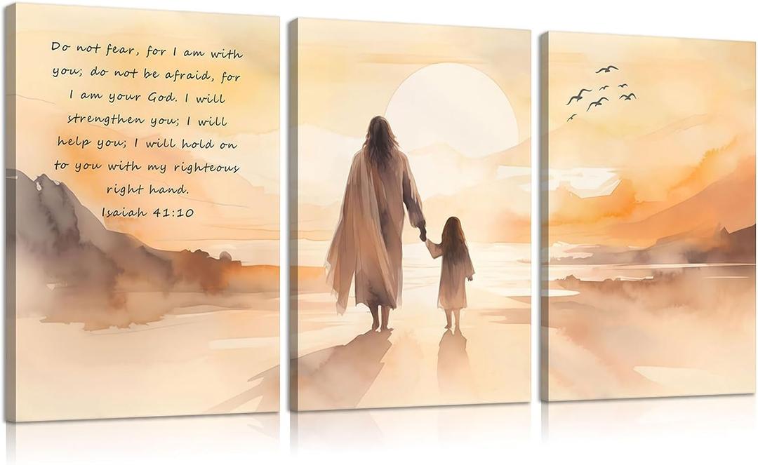3Pcs Inspirational Christian Canvas Wall Art Jesus and Girl Poster Prints Isaiah 41:10 Picture Painting Wall Decor for Living Room Bedroom Office 16x24in Framed