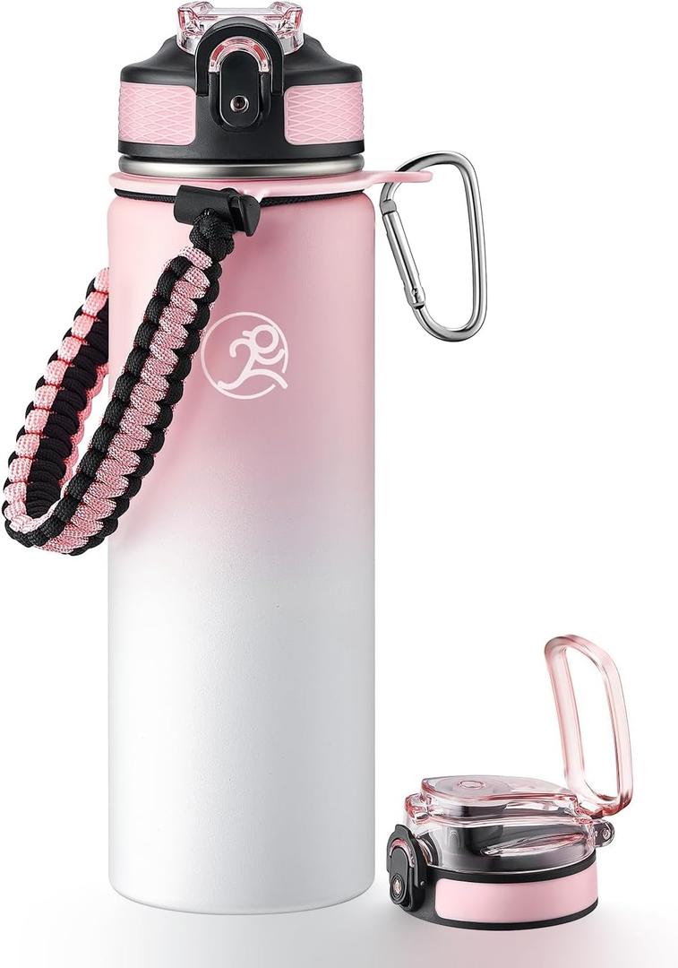 GOSWAG Insulated Sports Water Bottle, 24oz 2 Lids(with Straw/No Straw), Stainless Steel Water Bottles with Paracord Handle, Insulated Bottle with Double-Wall Vacuum Insulation (Pink-White Ombr)