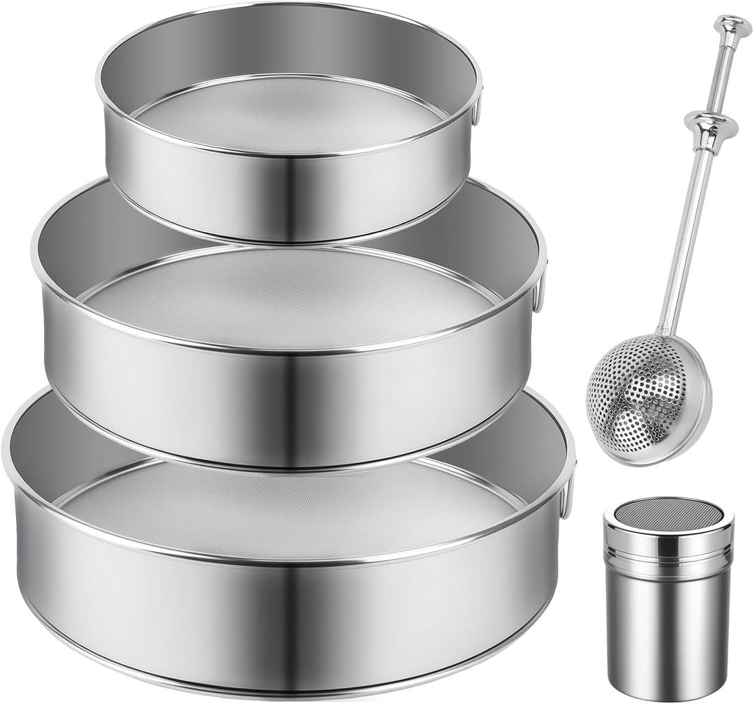 Sieve Fine Mesh Stainless Steel, 60 Mesh Flour Sifter for Baking, 3 Pcs Round Sifter for Baking with Powdered Sugar Shaker Duster and Flour Shaker Duster, for Cakes Pastries Pies Desserts, 6/8/10 inch