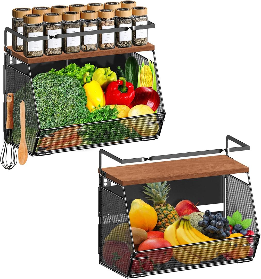 Homecor Magnetic Shelf for Fridge - Fruit Basket and Vegetable Storage with Wood Lid, Large Pantry Kitchen Organizers and Storage, Magnetic Spice Rack for Refrigerator, Kitchen Counter, 2 pack