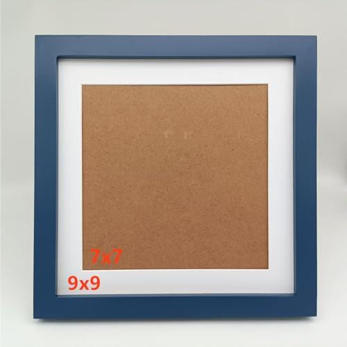 9x9 Picture Frames Blue with Mat 7x7 Opening Solid Wood Frame, Plastic Panel (Film Needs to be Removed) Table or Wall.Front Window Opening 8.6x8.6 inch (2 Pack)