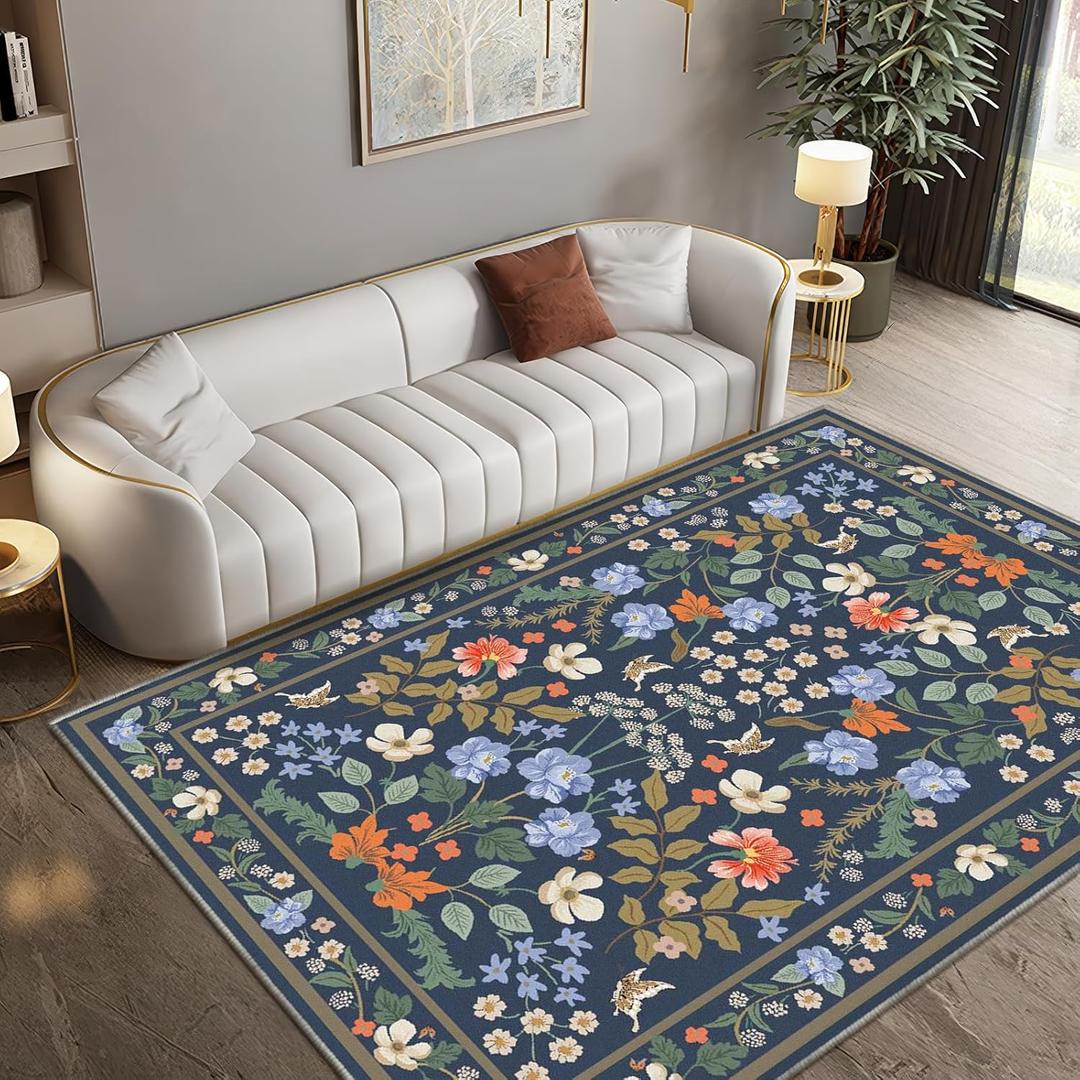 Azadx Living Room Rug 5x7 Rug Washable Area Rug Floral Rugs with Rubber Backing Non-Slip Large Rugs for Living Room, Bedroom, Farmhouse, Dining Room (Dark Blue-green)