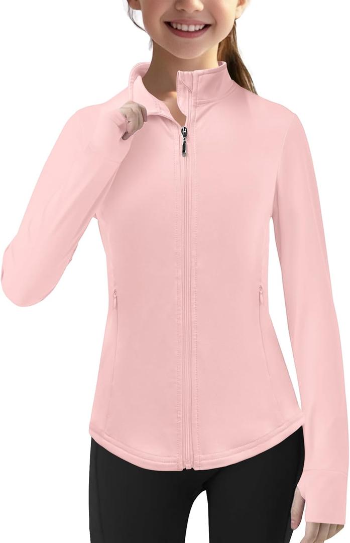 Girls Lightweight Sun Shirt Full Zip Long Sleeve Sun Protection Athletic Jackets with Pockets and Thumbholes (4-5T, Pink)