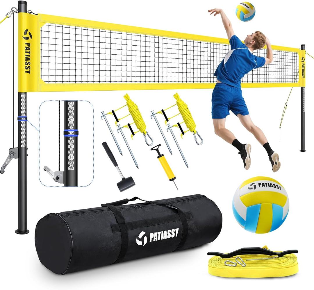 Portable Volleyball Net for Backyard: Patiassy Heavy Duty Professional Outdoor Set with Adjustable Aluminum Poles Winch System Steel Stakes Anti-Sag Design Pump and Carrying Bag for Beach Grass