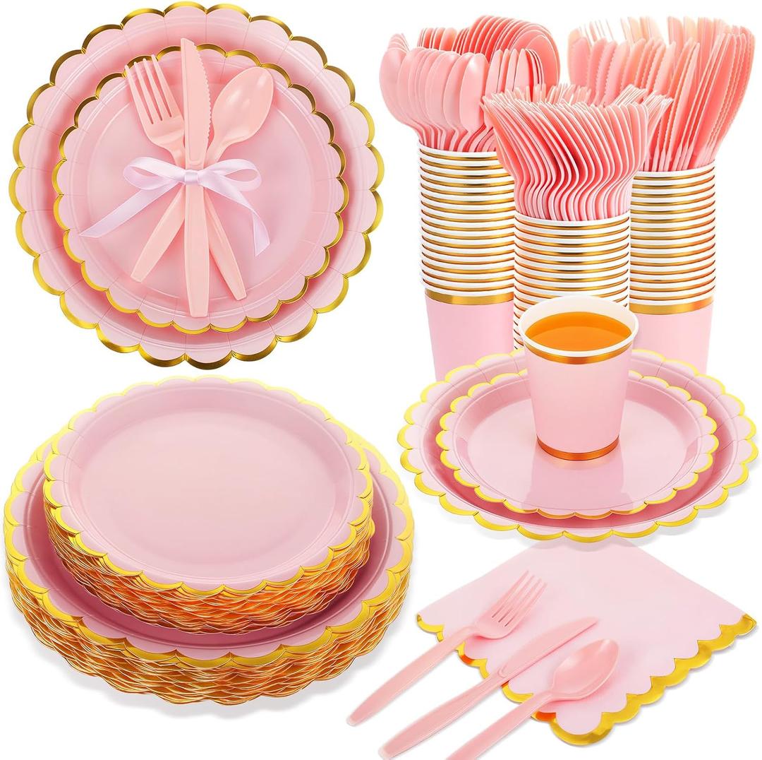 Ziliny 350 Pcs Light Pink Plates and Napkins Party Supplies for Guests Woodland Baby Shower Tableware Include Scalloped Plates Paper Napkin Cup Spoon Fork Knife for Wedding, Birthday