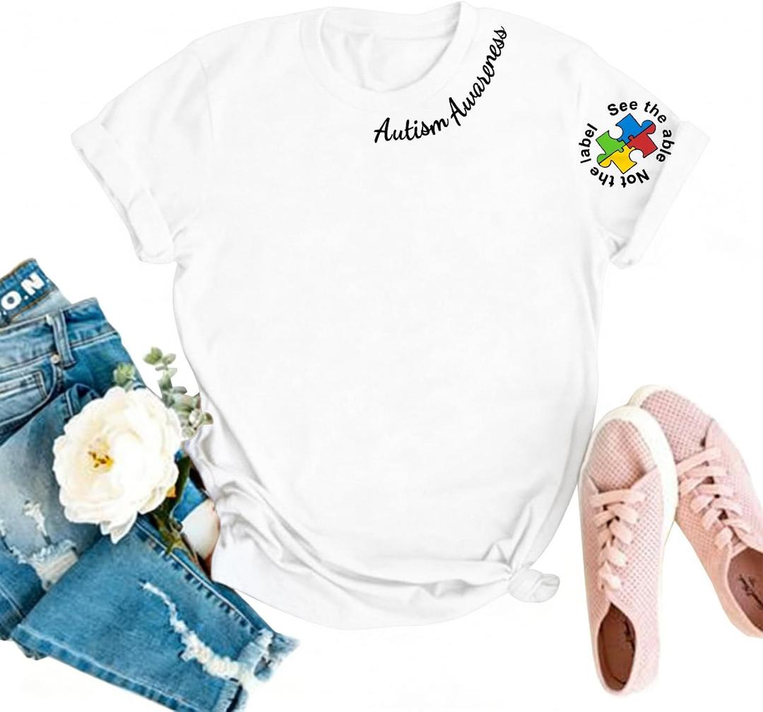 LOTUCY Autism Awareness Shirt Women Autism Support Teacher T-Shirt Special Education Short Sleeve Shirt (L)