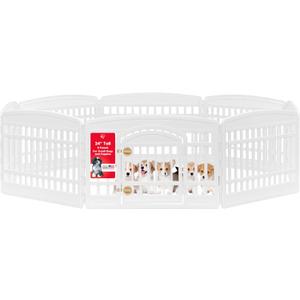 IRIS USA Dog Playpen with Door, 24 8 Panel Pet Exercise Pen Indoor Outdoor Puppy Play Pen, Portable Plastic Pet Fence for Small Medium Dogs, Foldable 83.5 x 83.5 x 24, White