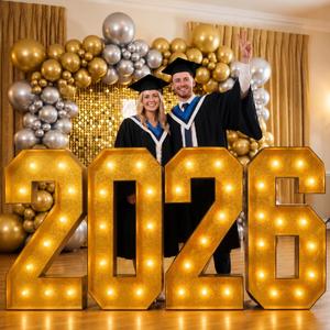 Yunsailing Graduation Decorations Class of 2026, 3 ft 2026 Light up Marquee Numbers, Pre Cut Foam Board Frame for Kindergarten Preschool High School College Prom Party Decor (Black Gold)