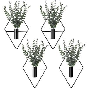 Jexine 4 Pcs Plant Wall Decor Diamond Shape Hanging Planters with Artificial Plants Geometric Wall Decor Metal Hanging Vase Indoor Holder for Living Room Bathroom Home(Eucalyptus)
