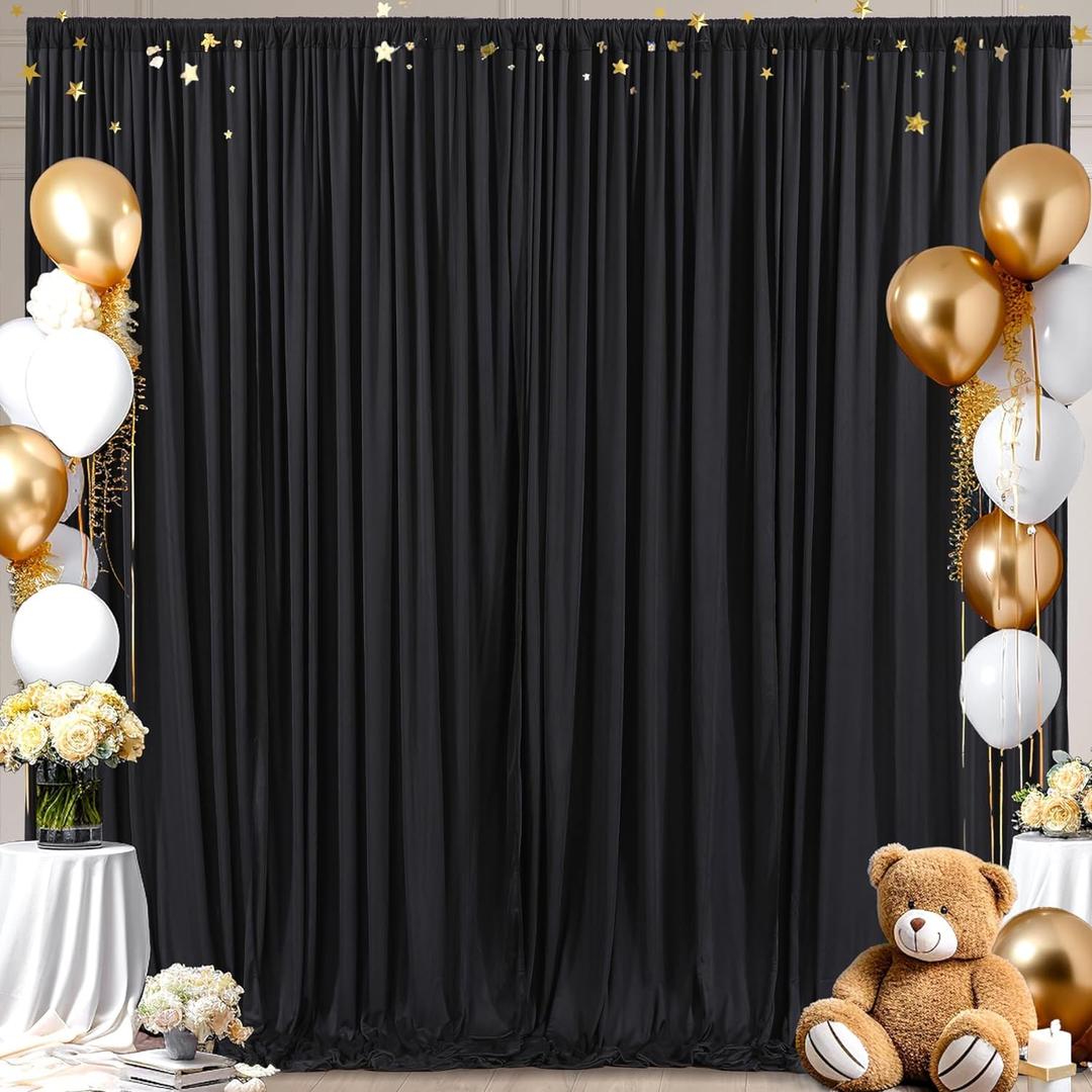8x10FT Black Backdrop Curtains for Wedding Parties, Wrinkle Free Polyester Photo Backdrop Drapes for Graduation Photography Baby Shower Birthday Stage Background Stand Decorations 4x10ft,2 Panels