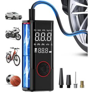 Tire Inflator Portable Air Compressor, Cordless Air Pump for Car Tires with Pressure Gauge, Battery & 12V DC Dual Power Bike Tire Pump, 150PSI Portable Tire Inflator for Car, Motorcycle, Bicycle, Ball (black)