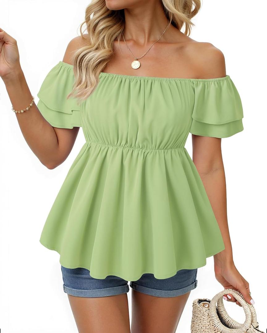 Women's Off Shoulder Boho Floral Blouse Short Sleeve Flowy Dressy Casual Top (Green, M)