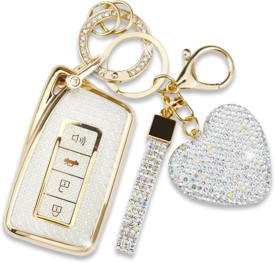 Key Fob Cover with Diamond Keychain for Lexus Car Key Shell Compatible with Lexus RX ES GS LS NX RS GX LX RC LC Smart Remote Key Protector for Women (3/4 Buttons-Gold Heart)
