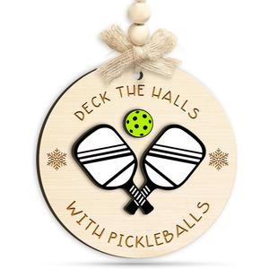 3 x Pickleball Christmas Ornament - Deck The Halls With Pickleballs Xmas Tree Decor - Sports Ornaments Gifts for Women, Men, Pickleball Fans, Players, Teams, Coaches - 2 Layer Wood