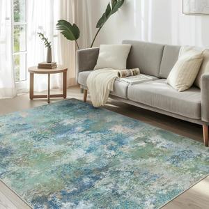 Area Rugs 8x10 Machine Washable Area Rug for Bedroom Living Room Dining Room, Large Modern Abstract Soft Rugs, Indoor Low Pile Carpet with Non Slip Rubber Backing, Abstract Blue Green