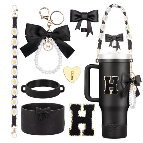Rabrgab 7Pcs Black Stanley Cup Accessories for 40Oz 30Oz 20Oz, Women Teen Girls Gifts, Stanley Tumbler Cup Decoration with Straw Topper, Bow Charm, Silicone Boot, Handle Strap, Letter Sticker H