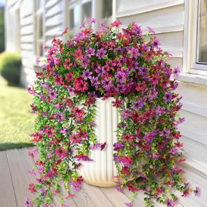 Artificial Fake Hanging Flowers Plants for Outdoor Spring Decoration,2 PCS Faux Silk Daisy with Eucalyptus Leaves,UV Resistant Look Real for Outside Home Indoor Planter Porch Patio Balcony Yard Decor (Purple Red Light Purple)