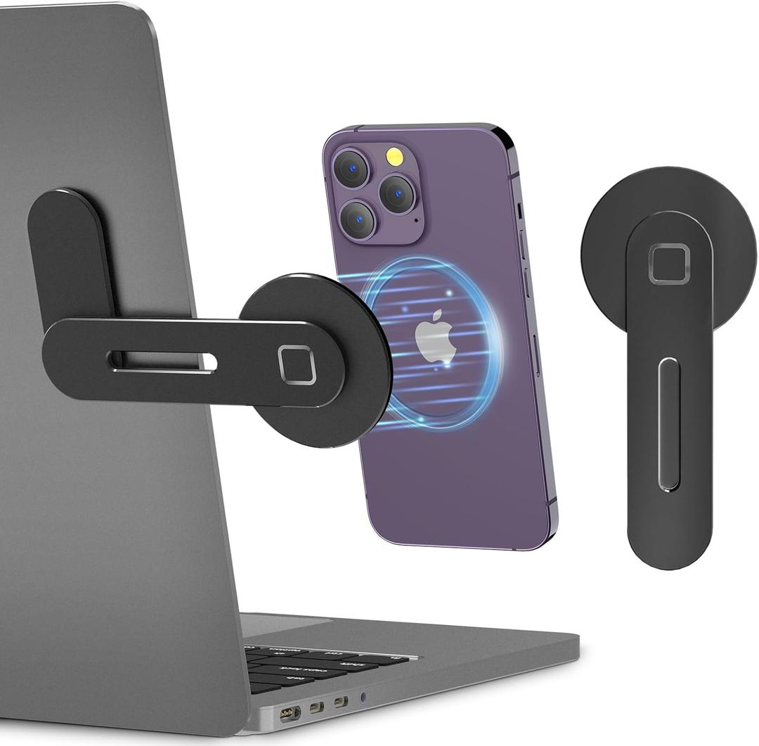 CloudValley Adjustable Laptop Stand, Magnetic Phone Holder, Aluminum Slim Computer Monitor Side Mount Clip for iPhone MagSafe Series & All Phones, Portable Foldable Computer Expansion Bracket, Black