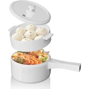 1.5L Electric Hot Pot with Steamer, Ceramic Non-Stick, Portable Travel Cooker for Ramen/Steak/Fried Rice/Soup/Egg with Dual Power Control