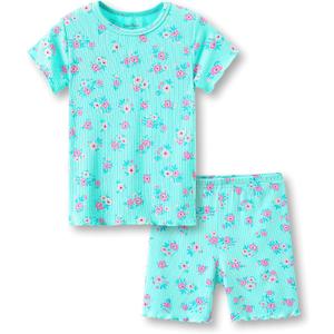 Beezizac Toddler & Little Girls Pajamas Cute Ditsy Floral/Strawberry Fruit Tee & Pants PJ Spring Set Kid Size 10