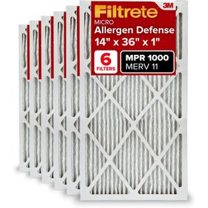Filtrete 14x36x1 AC Furnace Air Filter, MERV 11, MPR 1000, Micro Allergen Defense, 3-Month Pleated 1-Inch Electrostatic Air Cleaning Filter, 6 Pack (Actual Size 13.88x35.9x0.81 in)