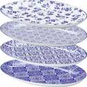 LemonRoad Ceramic Dessert Plates Set of 4, 12 Inch Porcelain Serving Platters, Blue and White China Oval Serving Dishes for Kitchen Fruit Sandwich Appetizer, Microwave And Dishwasher Safe