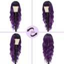 NAYOO Purple Wigs with Bangs - Long Curly Wavy Hair Wigs, Heat Resistant Synthetic Fiber, 24 Inches (Ombre Purple)