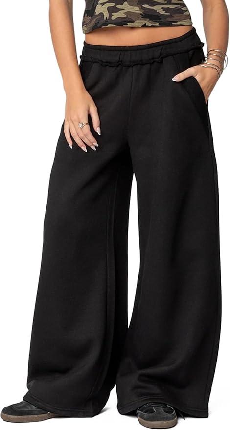 HeSaYep Womens Fleece Lined Sweatpants Wide Leg Baggy Thermal Lounge Pants Raw Hem Elastic Waist Oversized Sweat Pants, Black XS