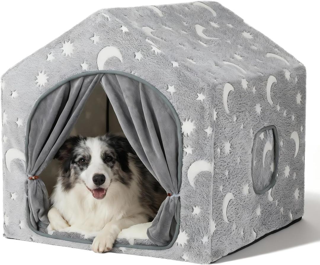 Indoor Dog House, Night-Luminous Star Dog Tent with Frame, Washable Dog Cave Bed, Suitable for 36-66 lb Medium and Large Dog (XL (29"29"29"), Grey)