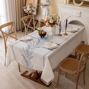 Joyfol Day Rustic Waterproof Linen Tablecloth, Heavy Weight Fern Embroidery Table Cloths for Rectangle Tables, Farmhouse Spill-Proof Table Covers with Tassels, Blue 55''x 120''