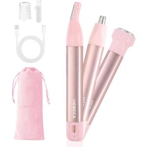 HEBECA Nose Hair Trimmer for Women 3in1 Facial Hair Removal Trimmers- Rechargeable, Waterproof, Portable with Travel Bag- Trims Nose, Ear, Eyebrow, Peach-Fuzz, Lips, Chin Face Hair Remover (Pink)