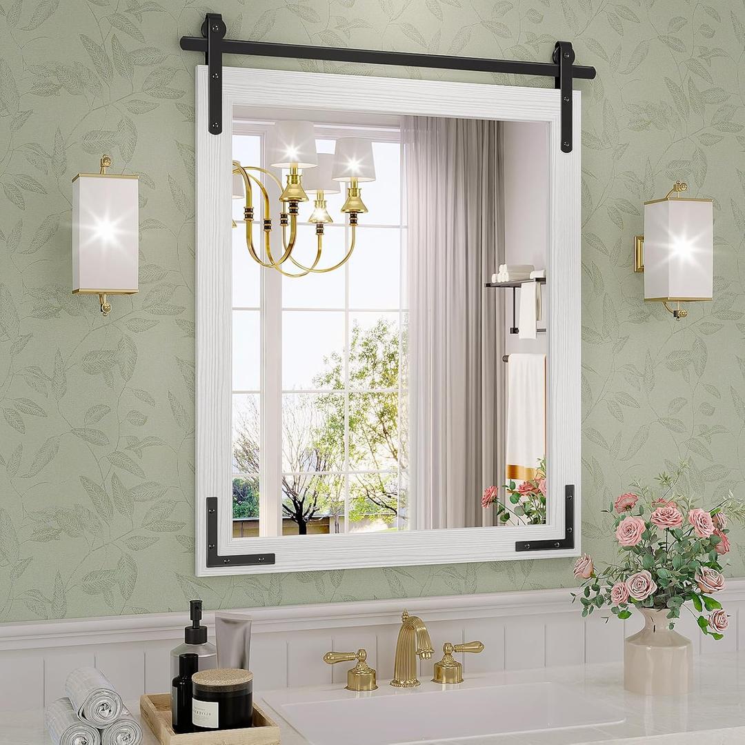 Farmhouse Bathroom Mirror, 24x32 Inch White Vanity Mirror for Wall, Wood Framed Rustic Mirror Rectangular Wall Decor Mirrors for Entryway Living Room Bedroom