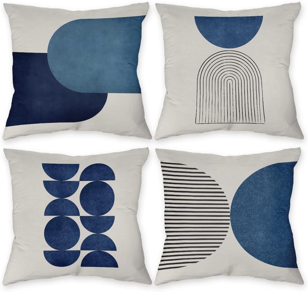 Znzd Bohemia Abstract Modern Minimalist Art Mid-Century Blue Pillow Case, Decorate Home Living Room Bedroom Guest Room Sofa Couch Bench, Boho Lover Gifts,18x18 Inch Throw Pillow Covers Set of 4