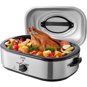 VEVOR Electric Roaster Oven with Defrost & Warm Function, 18 QT Turkey Roaster Oven with Self-Basting Lid, 1450W, Adjustable Temperature, Removable Pan & Rack, Fits Turkeys Up to 22LBS (Silver)