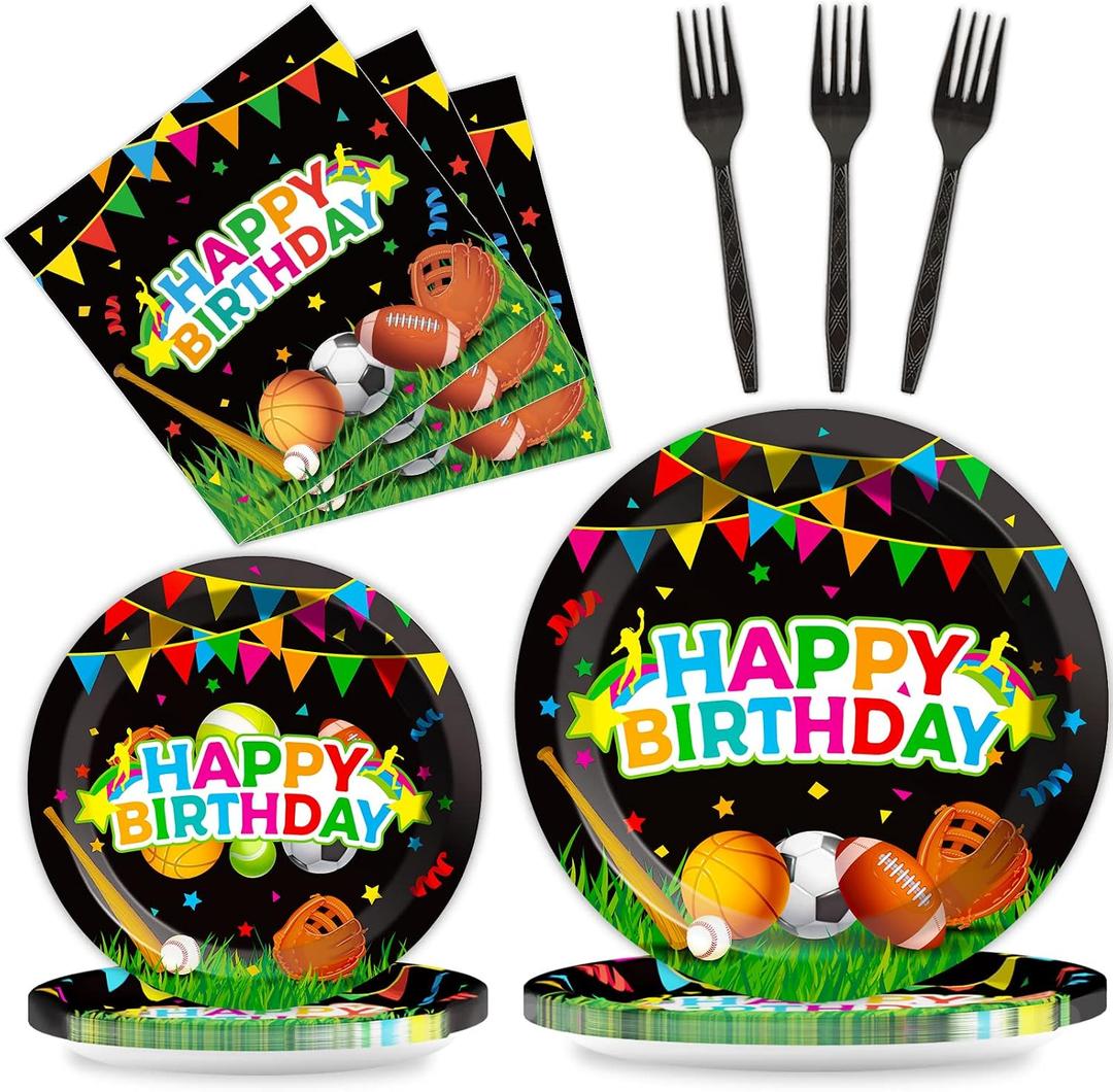 Sports Party Plates Napkins Sports Happy Birthday Party Tableware Baseball Football Soccer Basketball Rugby Disposable Paper Plates Napkins for Boy Birthday Decoration Supplies Favors 24 Guests
