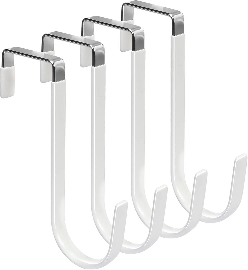 FYY Over The Door Hooks, 4 Pack Hangers Hooks with Rubber Prevent Scratches Heavy Duty Organizer for Living Room, Bathroom, Bedroom, Kitchen Hanging Clothes, Towels, Hats, Coats, Bags White (Short)
