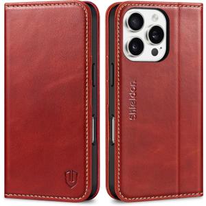 SHIELDON Wallet Case for iPhone 16 Pro 5G, Genuine Leather Magnetic Book Cover RFID Blocking Card Holder Kickstand Shockproof Phone Case Men Women Compatible with iPhone 16 Pro 6.3" 2024 - Retro Red