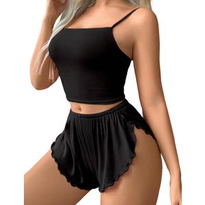 Avidlove Women Cami Ribbed Pajama Set Sexy Side Slit Sleepwear Soft Lingerie 2 Piece PJ Set (Medium, Black)
