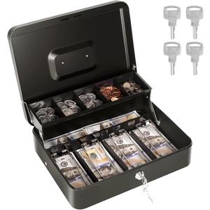 Cash Box with Money Tray and Lock, Metal Money Box for Cash Register, Large Cash Lock Box for Money Safe Includes 5 Slots Coin Tray, 4 Bill Slots, 4 Keys, 11.8" x 9.4" x 3.54" Black