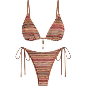 ZAFUL Bikini Sets for Women Crochet Swimsuits Striped Triangle Knit Cheeky Bikini Two Piece Swimwear Side Tie Bathing Suits (Small, A-pink Brown)