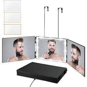 Vanexiss Rechargeable 3 Way Mirror for Hair Cutting, Real Glass Adjustable Trifold Mirror with 3 Color Temps LED Light & Telescoping Hooks for Makeup, Shaving & Styling (Black)